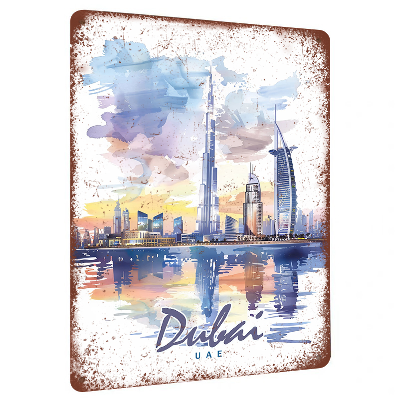 Home Office Dubai - Dubai Skyline Watercolor Metal Wall Art