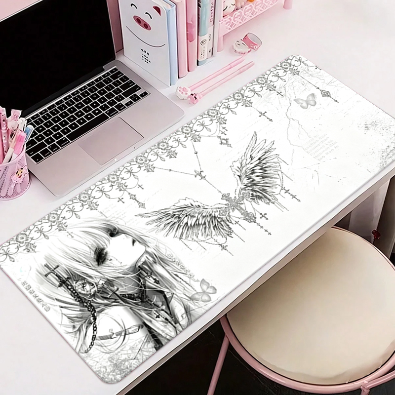 Home Office Keyboard And Mouse - Leather Mousepad Black White Anime Aesthetics